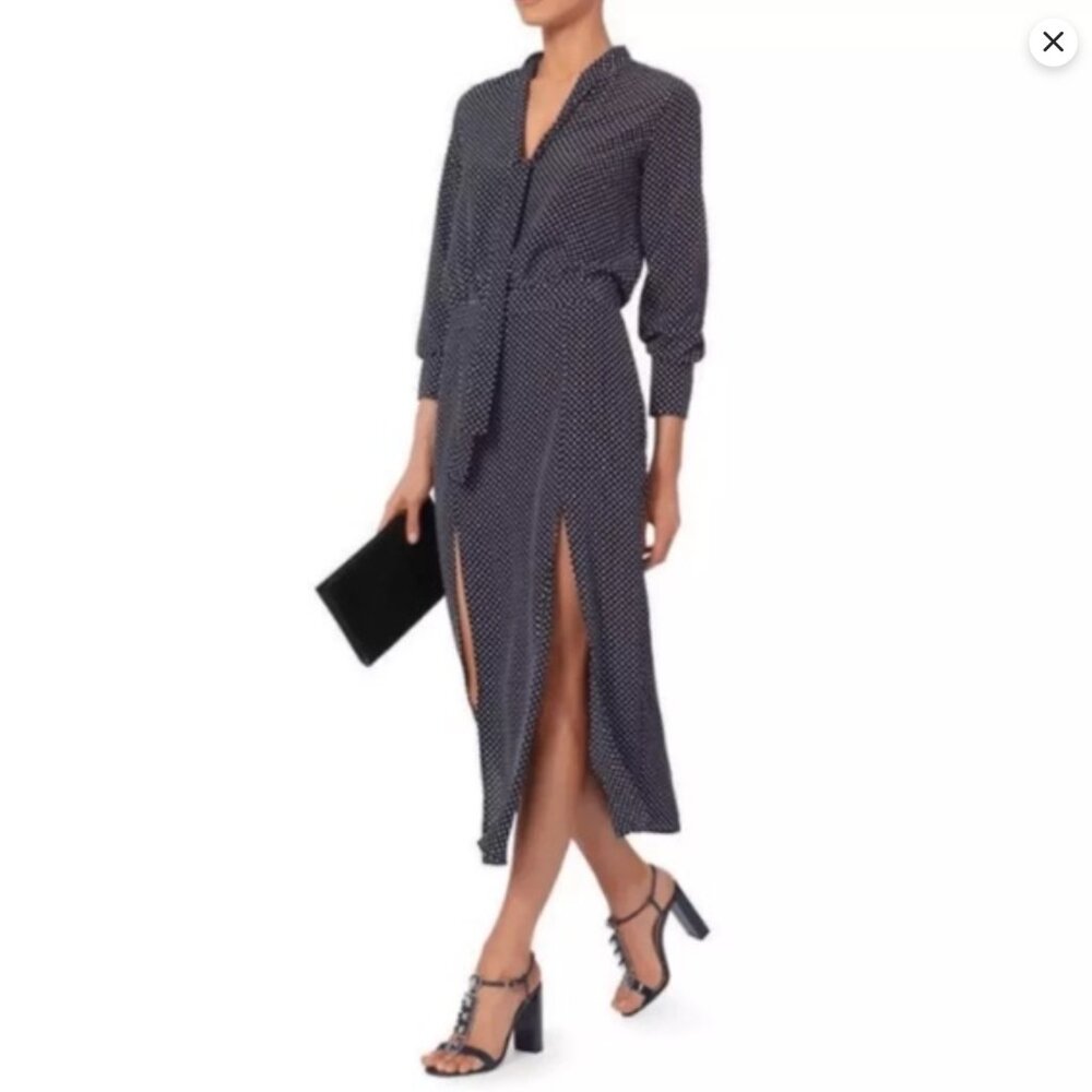 Alexis Navy Blue White Polka Dot Long Sleeve Dress Noelle Tie-Neck Midi Dress